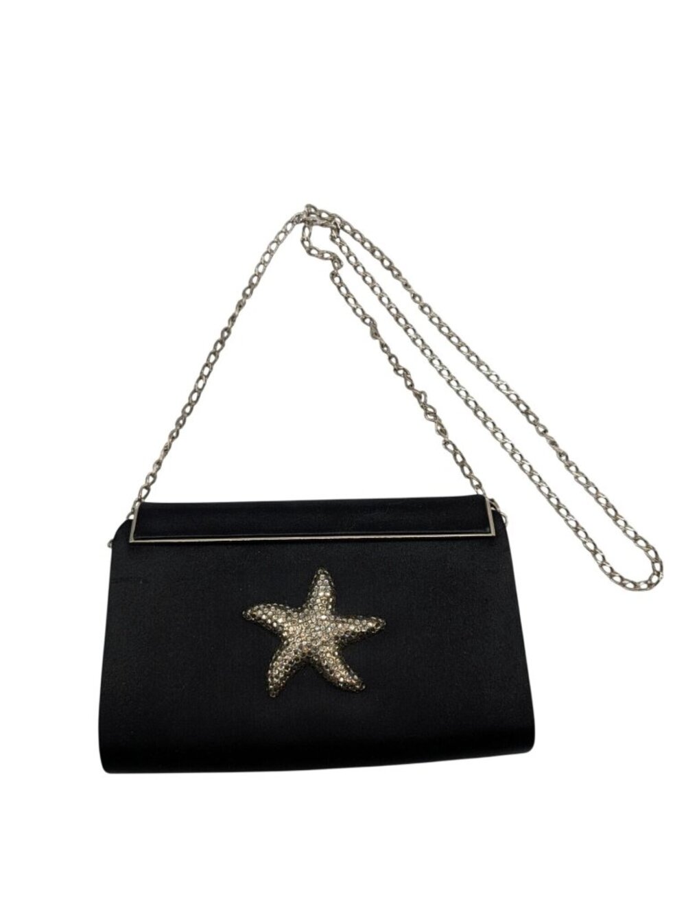 Eliza Gray Starfish Crystal Embellished Black Satin Evening Bag W Silver Chain - Picture 10 of 15